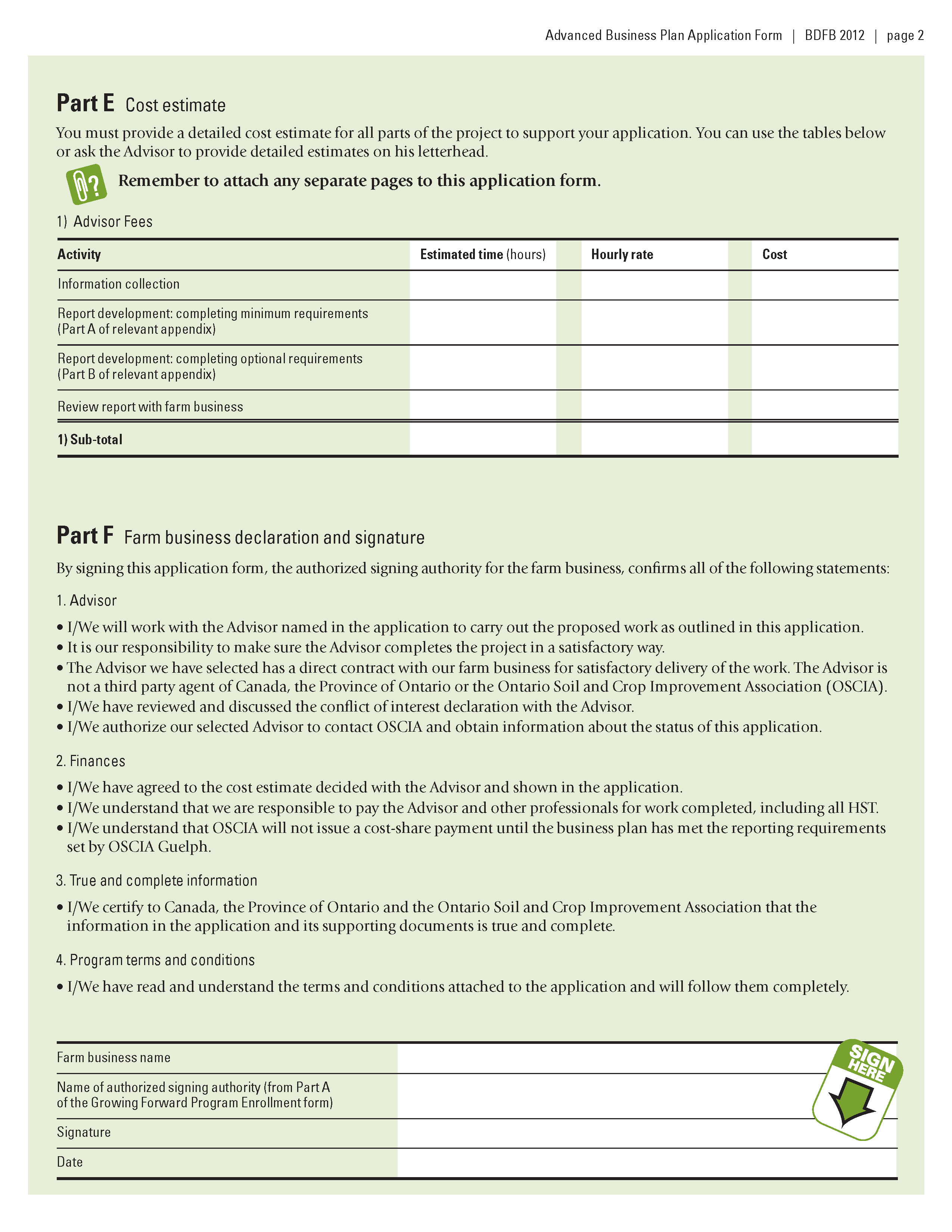 Image of a page from Advance Business Plan form: Application form Part E and Part F