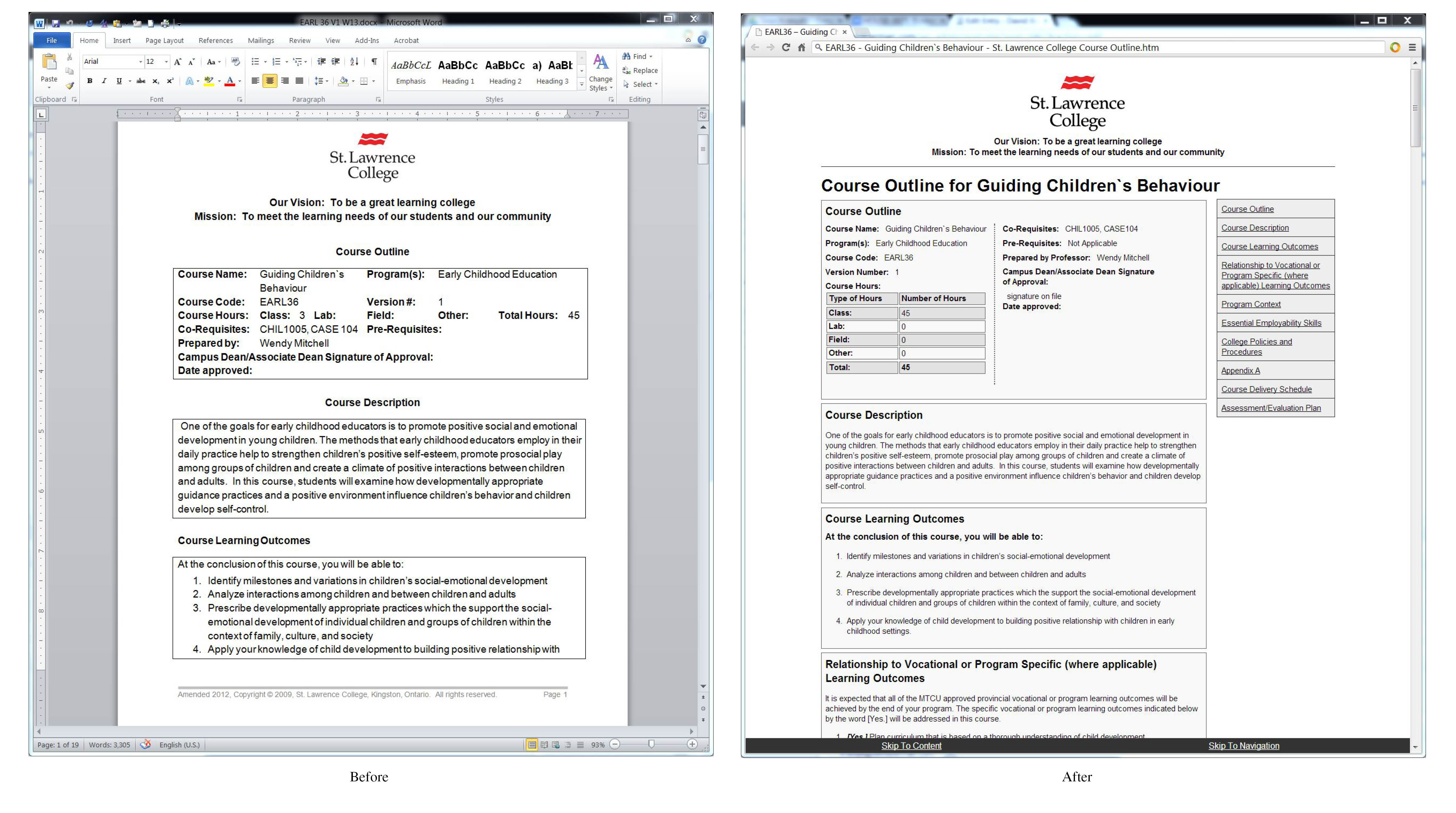 St. Lawrence college course outlines before as a word document and after shot in a browser