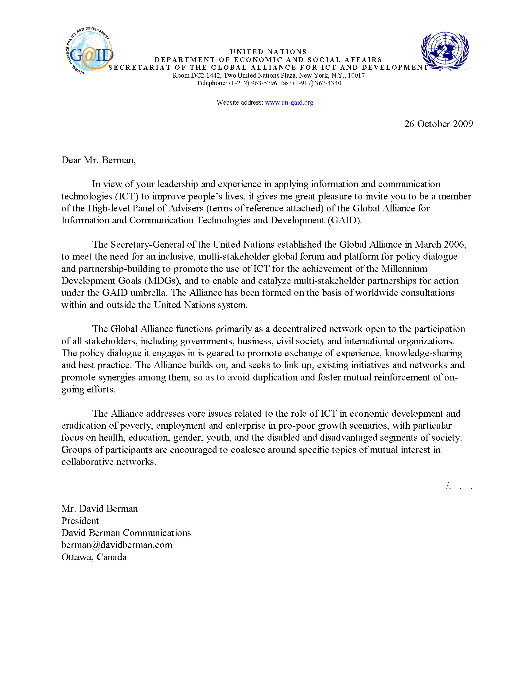Letter from the United Nations Department of Economic and Social Affairs inviting David Berman to be a member of the High-level Panel of Advisers of the Global Alliance for Information and Communication Technologies and Development