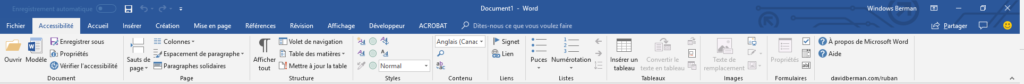 Screen capture of Berman Accessibility French Ribbon in Microsoft Word 2013