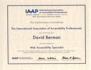 2017 IAAP Web Accessibility Specialist certificate for David Berman