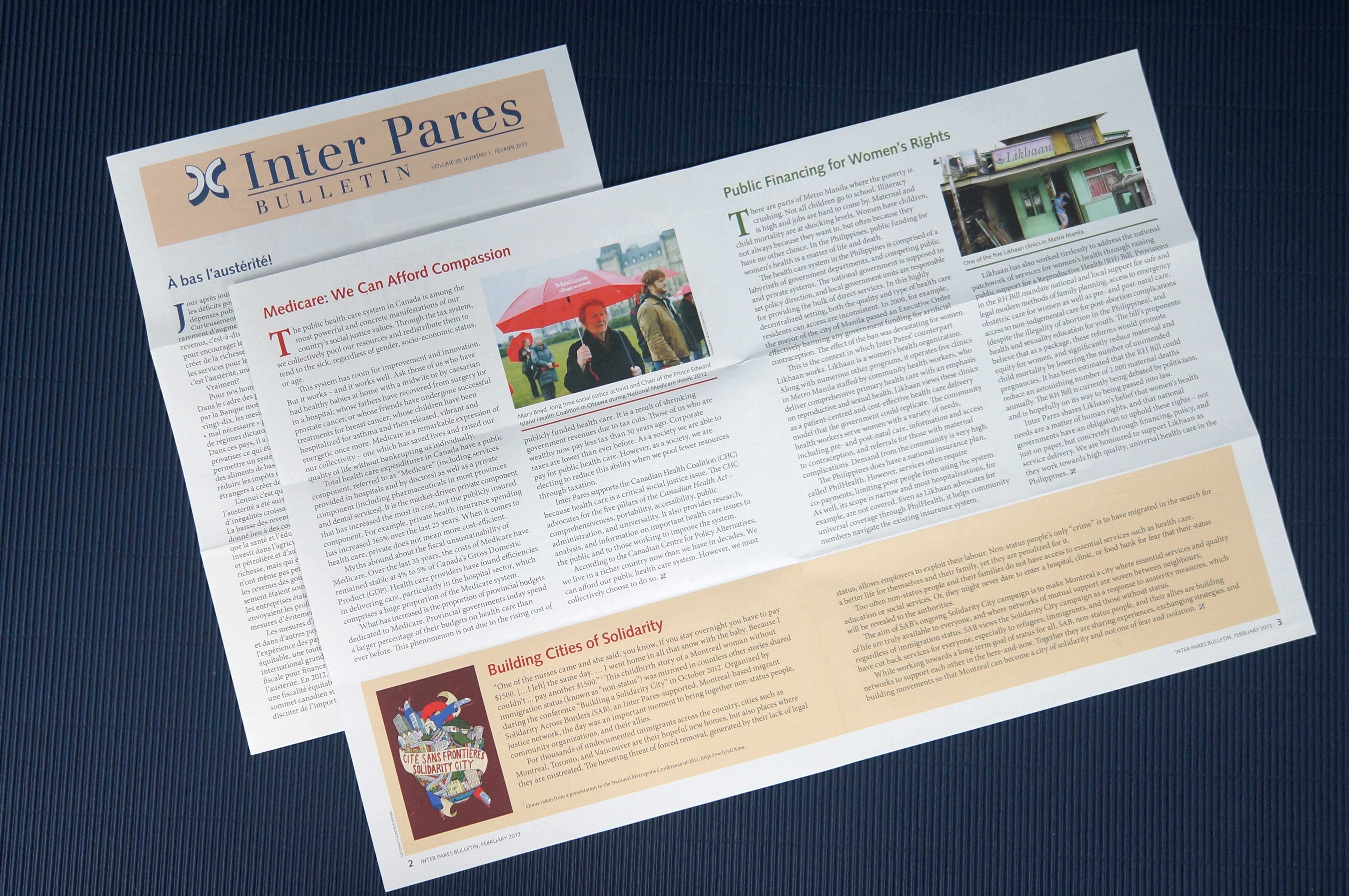 Photo of Inter Pares Bulletin cover page in French and an open spread in English