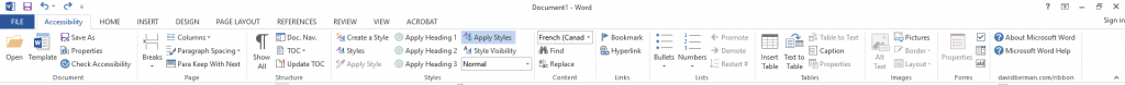Screen capture of Berman Accessibility Ribbon in Microsoft Word for Windows 2016