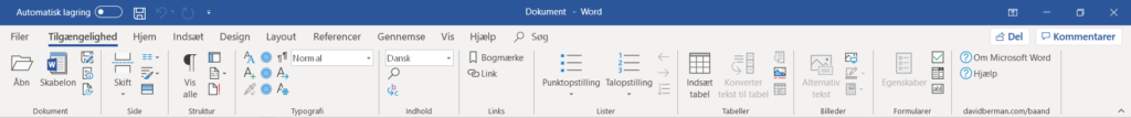Screen capture of Danish version of Berman Accessibility Ribbon for Microsoft Word 2016