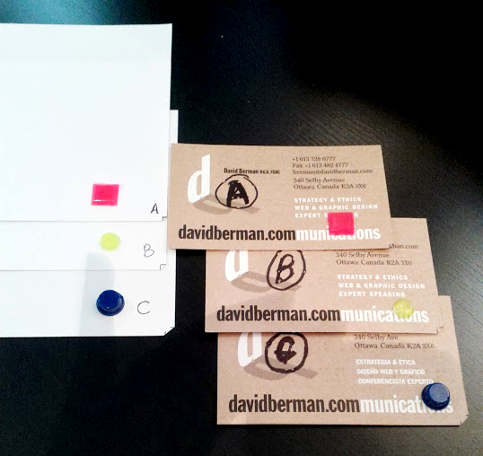 Image showing three paper and business cards each marked A, B, and C showing the different sizes for research on the Berman Corner