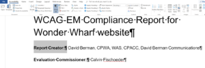 screen capture of run-in headings in Word document WCAG-EM Report for Wonder Wharf website