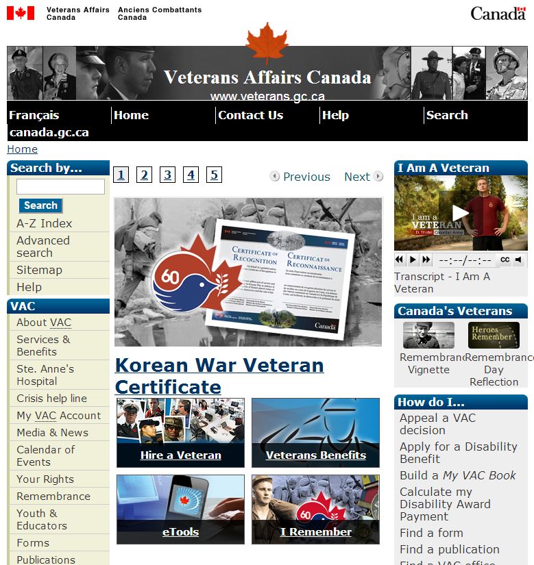 Screenshot of the Veterans Affairs Canada website homepage